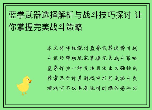蓝拳武器选择解析与战斗技巧探讨 让你掌握完美战斗策略